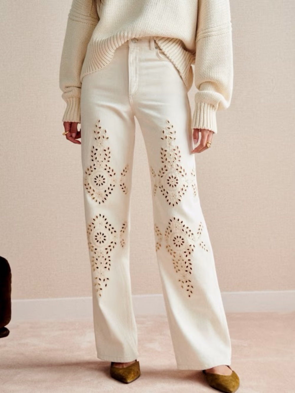 NWOT Sézane The Wide Leg Trousers in Ecru With Ivy Embroidery Size 4/36
